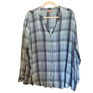 Philosophy Womens Plus Size 2X Multicolor Plaid Split Neck Button Up Blouse Top